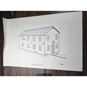 Vintage M Young 1979 Old Masonic Hall Ink Drawing Folk Art Architecture